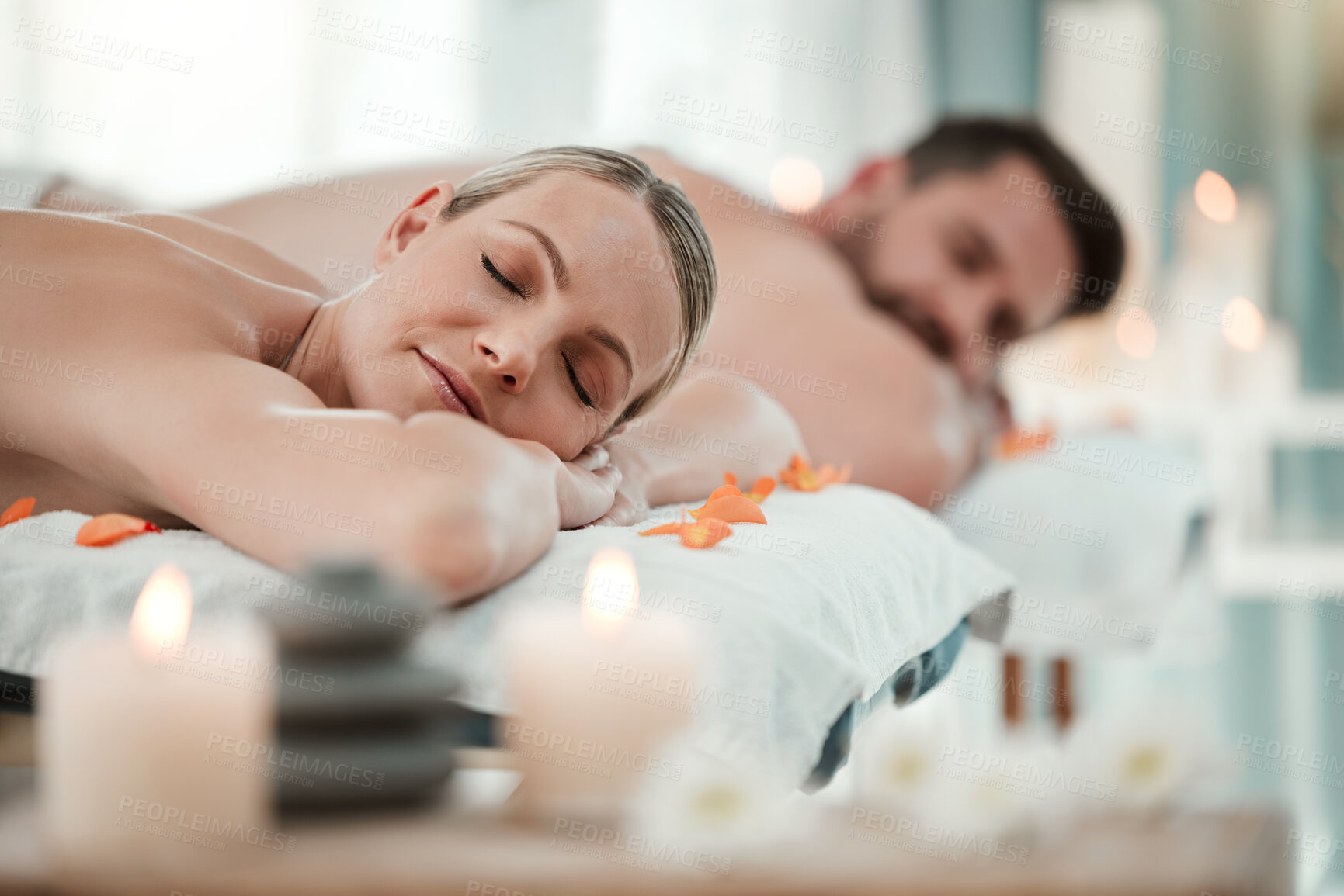 Buy stock photo Spa, couple and massage at wellness center with woman and man relax after skincare and pamper treatment. Vacation, luxury and beauty therapy at zen resort in Thailand with peaceful wife and husband 