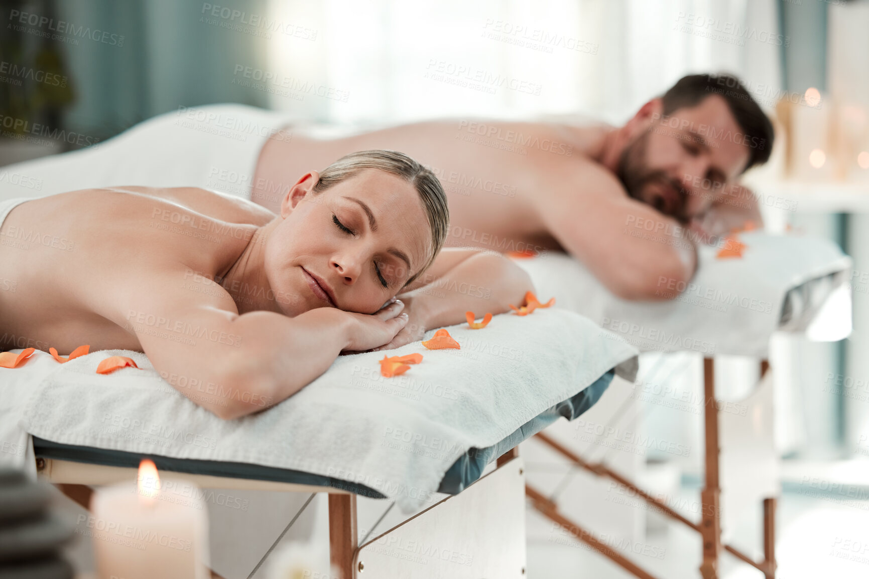 Buy stock photo Spa, massage and couple relax for health and wellness therapy massage table, zen, care and calm. Luxury, beauty and man and woman enjoy relaxing treatment on vacation in Thailand, happy and peaceful