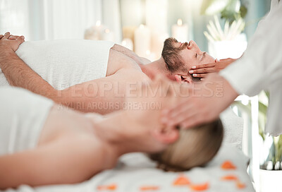 Buy stock photo Relax, spa and couple head massage on table bed in luxury hotel, hospitality or salon scalp messaging. Reiki, wellness or acupressure therapy for headache or stress relief of man and woman together.
