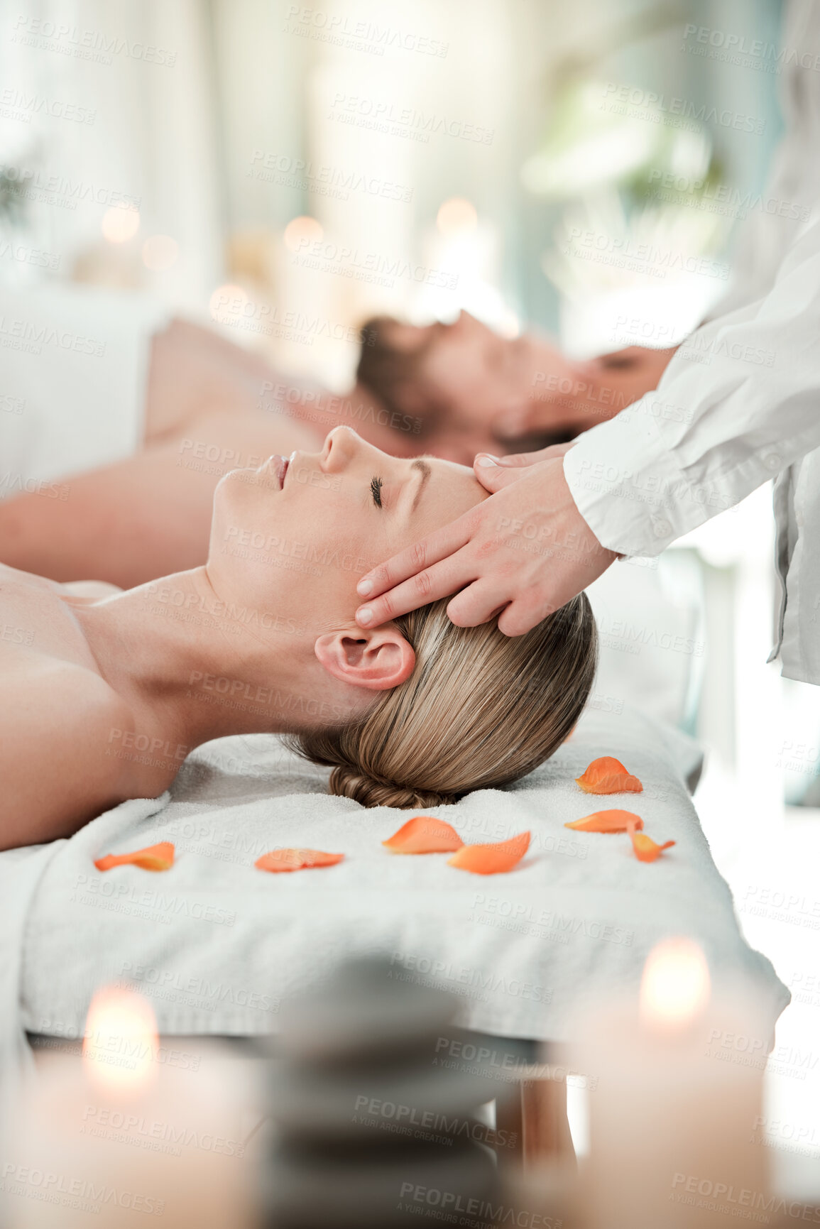 Buy stock photo Spa, couple head massage and healthcare or skincare of a woman feeling relax and peace. Wellness, beauty and luxury facial body therapy and cosmetic dermatology or bodycare at a salon