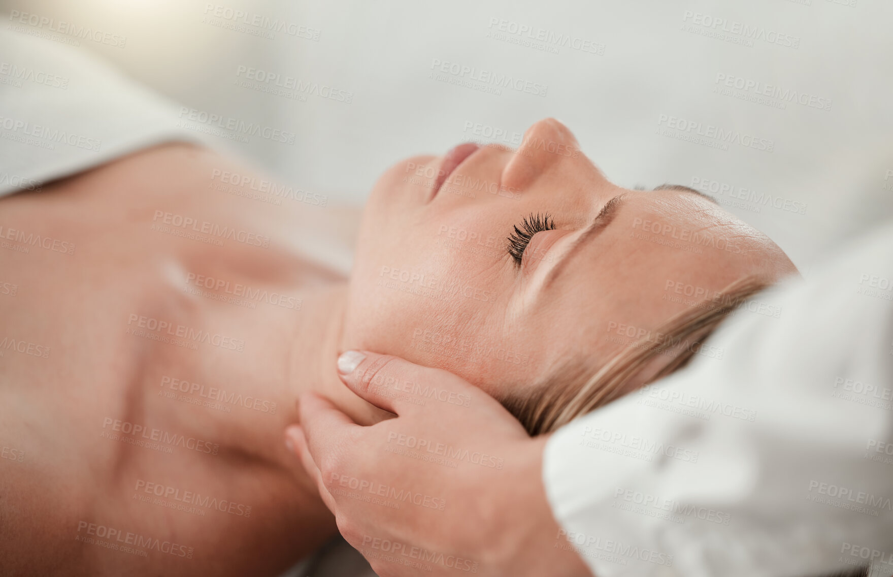 Buy stock photo Spa, woman head massage and calm skincare treatment of a woman feeling relax and peace. Wellness, beauty and luxury facial for body relaxation and cosmetic dermatology using botox at a salon 