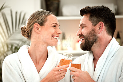 Buy stock photo Spa couple, wine glass toast and celebration of love, relax and wellness luxury hotel on vacation together. Smile man, happy woman and champagne drink cheers at body massage salon to celebrate date