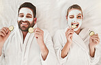 Couple, facial and relax at spa for wellness, skincare, love together and cucumber. Happy portrait healthy relationship, luxury body care or physical therapy for calm and zen beauty or health salon