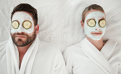 Buy stock photo Love, relax and couple at spa with face mask for luxury wellness treatment together from above. Professional skincare facial for self care detox and relaxation on cosmetic salon bed in Canada.


