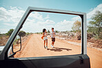 Couple, safari road trip vacation and adventure wellness vacation or friends bonding trip together. Happy man and woman running, freedom in nature outdoors and fun running in car window view

