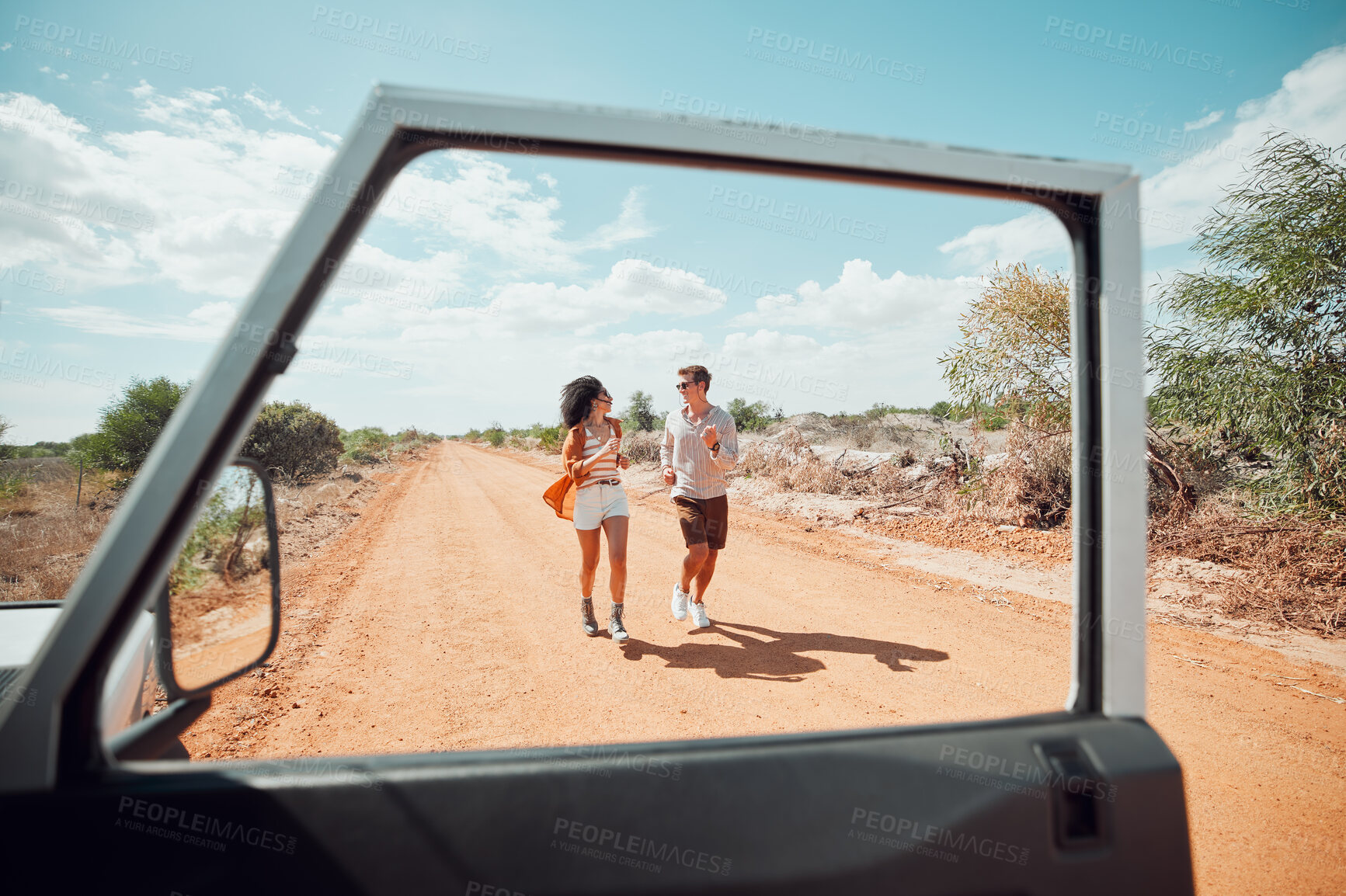 Buy stock photo Couple, safari road trip vacation and adventure wellness vacation or friends bonding trip together. Happy man and woman running, freedom in nature outdoors and fun running in car window view

