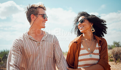 Buy stock photo Couple together, nature and travel outdoor desert adventure lifestyle. Smile, happy excited woman and cultural diversity friendship or bonding on remote social wellness safari road trip vacation 