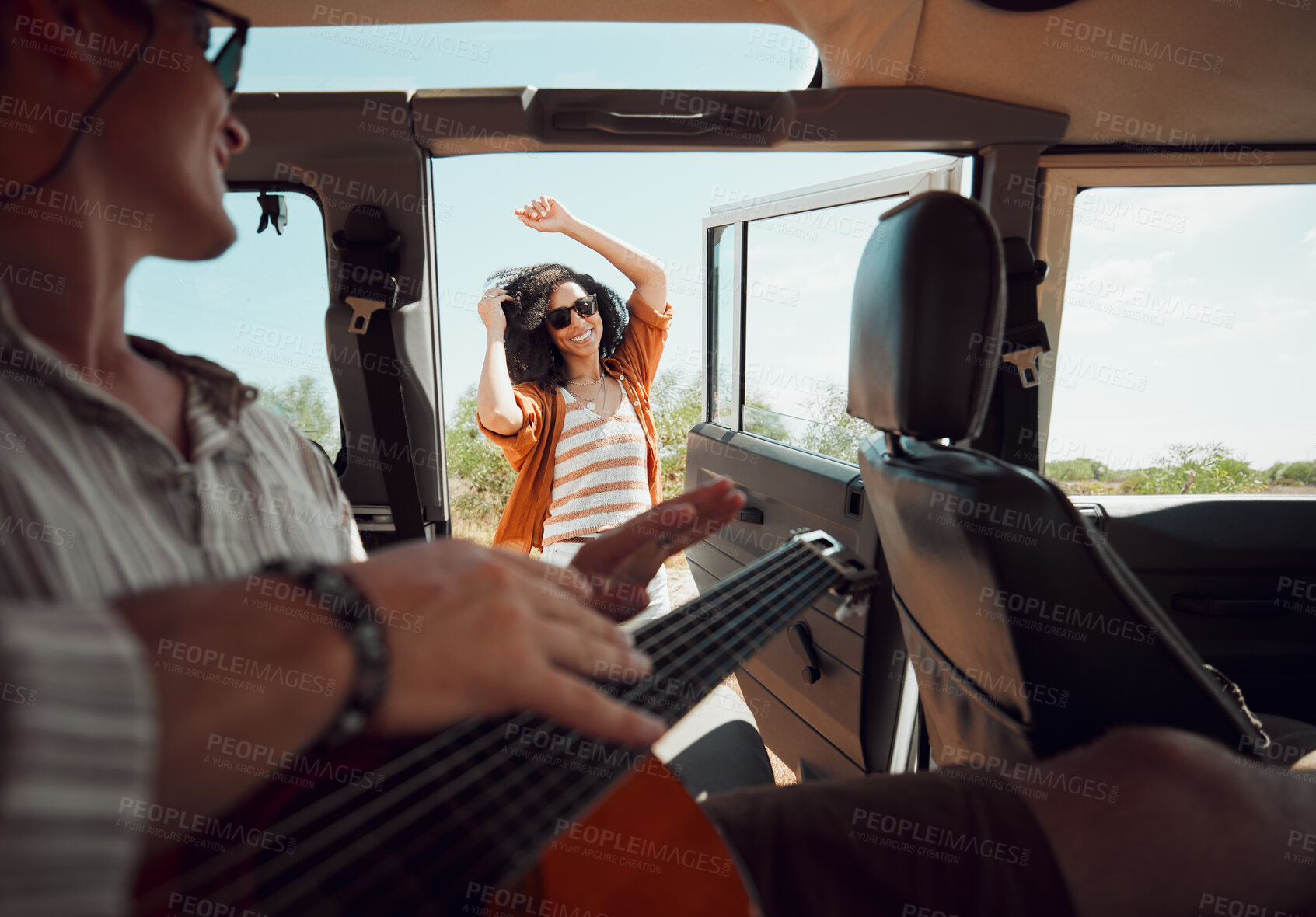 Buy stock photo Dance, van and music with woman dancing and bonding with man in a rv, relax, happy and hipster lifestyle. Freedom, love and couple travel in nature, stop to enjoy the view and guitar celebration