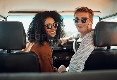 Buy stock photo Couple, travel and adventure, happy in car on roadtrip during summer vacation for bonding and healthy relationship. Young man and black woman, transportation and romantic date together in portrait.