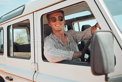 Buy stock photo Travel, driving and adventure man in a caravan for outdoor nature journey, holiday in summer or vacation with sunglasses portrait. Young man in a van or car transport for a drive in countryside life