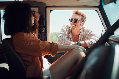 Buy stock photo Road trip, travel and bonding with a couple in a car for vacation, honeymoon or adventure together in nature. Love, romance and transport with a man and woman on holiday while enjoying the drive