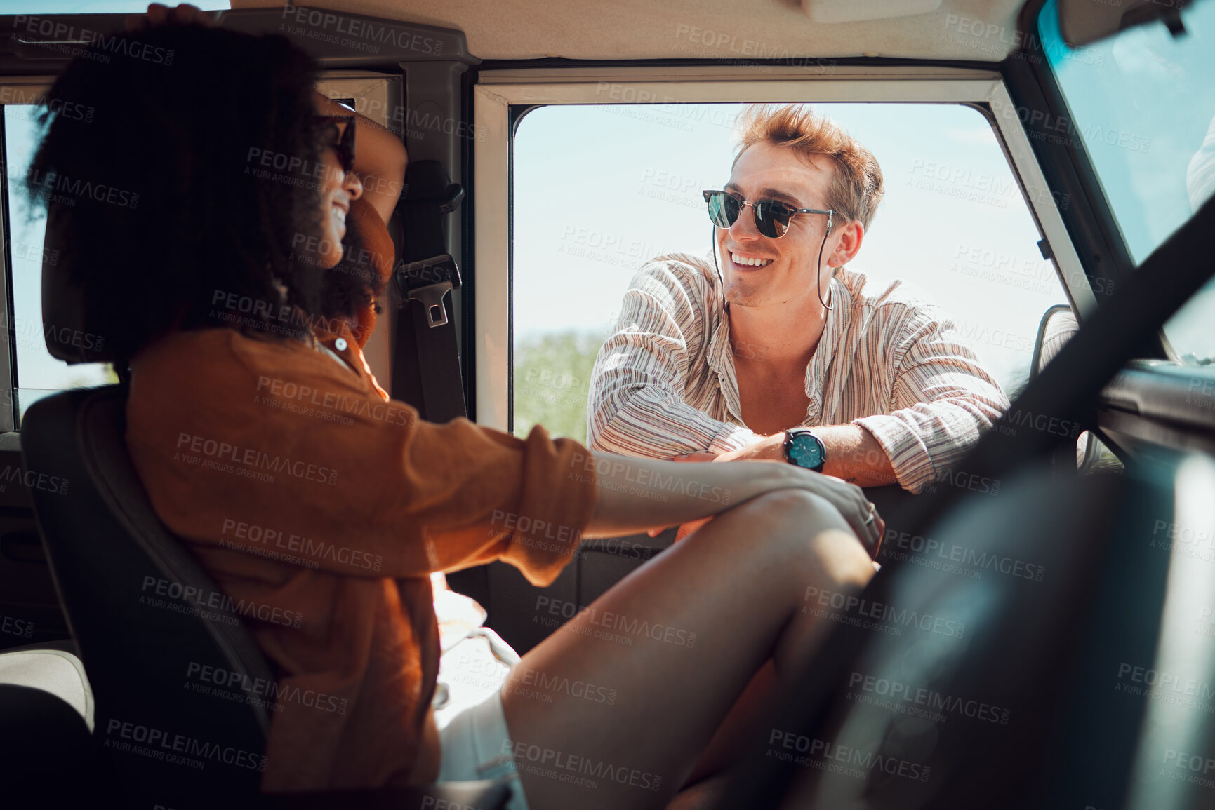 Buy stock photo Road trip, travel and bonding with a couple in a car for vacation, honeymoon or adventure together in nature. Love, romance and transport with a man and woman on holiday while enjoying the drive