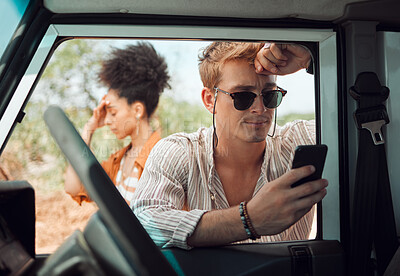 Buy stock photo Couple lost, road trip and stress with smartphone worry about gps 5g communication to get location help online. Summer safari holiday, confused people in desert and frustrated on vacation together 

