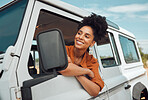 Road trip travel, black woman and window freedom to relax in camping car, summer countryside and vacation adventure in Africa. Happy young female stop on van driving journey in nature for inspiration