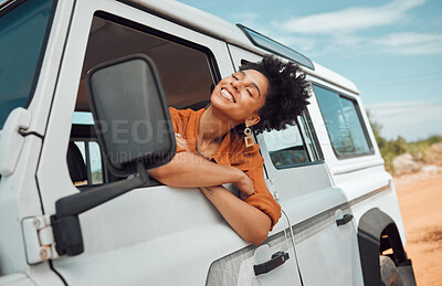 Buy stock photo Relax black woman on road trip, happy with view of desert and transport in jeep or car on holiday in Cairo. Travel adventure drive, smile in summer vacation and explore freedom of nature in the sun 