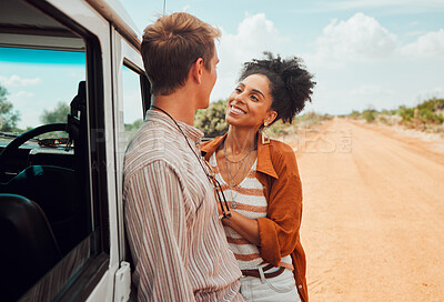 Buy stock photo Love couple, travel and smile for road trip in the countryside on desert vacation in nature. Happy man and woman smiling for relationship traveling and adventure for holiday bonding in the outdoors