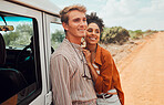 Happy couple, travel and smile for road trip in the countryside on vacation together in nature. Man and woman smiling for relationship traveling and adventure for holiday bonding in the outdoors