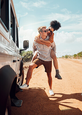 Buy stock photo Travel, desert and couple hug on road trip in Australia, laugh and having fun in nature. Love, freedom and happy woman and man being silly, taking a break from adventure on safari road, enjoying view