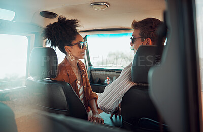 Buy stock photo Happy, smile and couple in conversation while on road trip vacation with car in summer. Happiness, freedom and interracial man and woman on travel holiday, outdoor adventure or journey in countryside