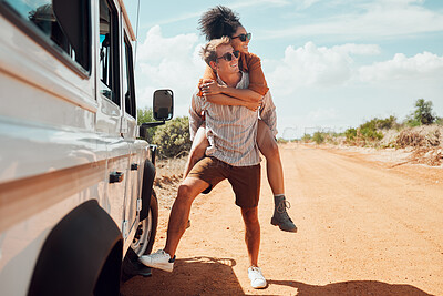 Buy stock photo Couple piggy back on road trip travel in Australia, adventure in summer holiday and outdoor truck drive. Young happy people walking on path, fun vacation lifestyle together and transport 