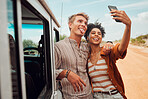Road trip, travel and selfie couple with smartphone and van in desert for outdoor adventure with social media post update. Love, gen z and influencer people in cellphone portrait for nature journey