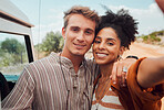 Travel, selfie and couple on road trip, happy, relax and smiling while taking picture in nature together. Love, freedom and social media influencer lovers share journey, vacation and adventure online