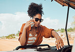 Phone, call and road trip with a woman in need of roadside assistance after vehicle breakdown while on vacation. Car, travel and communication with a young female calling for help during an emergency
