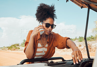 Buy stock photo Phone, call and road trip with a woman in need of roadside assistance after vehicle breakdown while on vacation. Car, travel and communication with a young female calling for help during an emergency
