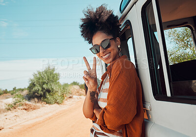 Buy stock photo Travel, van and woman with peace hand sign on road trip in Mexico, happy, relax and smile. Summer, nature and journey in a countryside with a black woman excited about adventure and hipster lifestyle