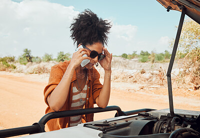 Buy stock photo Worried woman, phone call and engine problems speaking to engineer or mechanic on a desert road in nature. Stressed black female calling roadside assistance on smartphone for mechanical issues