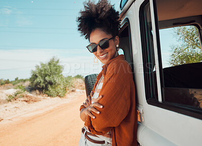 Buy stock photo Travel, freedom and road trip by woman on a break in the countryside, smiling while enjoying the view of Mexico. Summer, van and black woman relax in nature, looking proud on a solo adventure