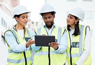 Buy stock photo Building, digital tablet and construction worker team collaboration and planning at a site, checking online plan and strategy. Vision, design and engineer group discuss project details for innovation