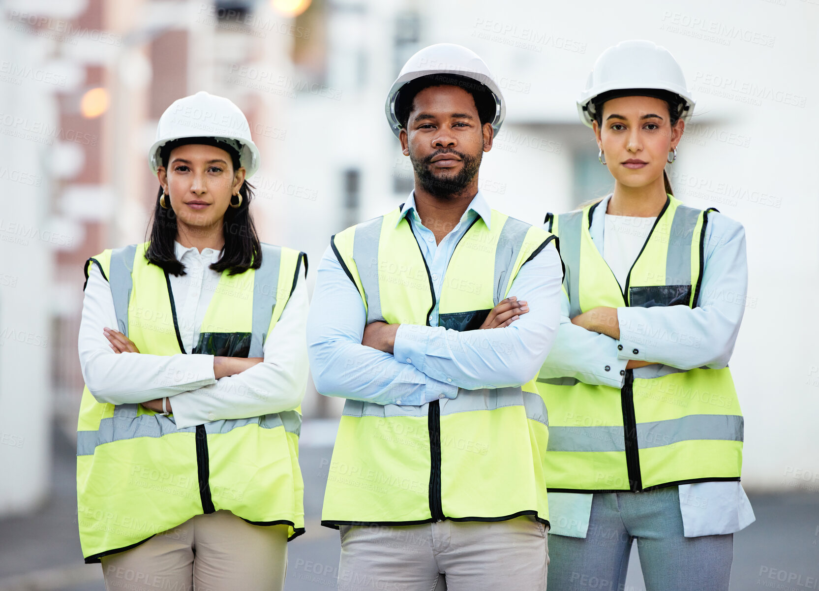 Buy stock photo Building, vision and construction team collaboration, proud and united in power at construction site. Mission, future and innovation with group of empowered workers leading in engineering and design