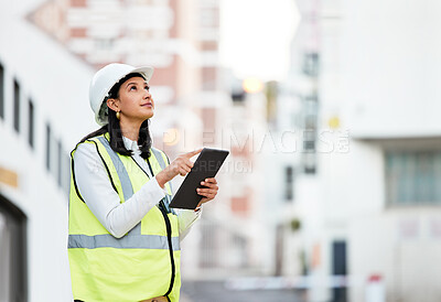 Buy stock photo Woman, building manager and construction on tablet doing inspection and working on site in the city. Female architect or builder contractor checking architecture at work on touchscreen technology