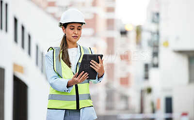 Buy stock photo City, digital tablet and woman construction worker with software app for management, site planning and building progress check. Engineer manager in safety gear and 5g technology for urban development