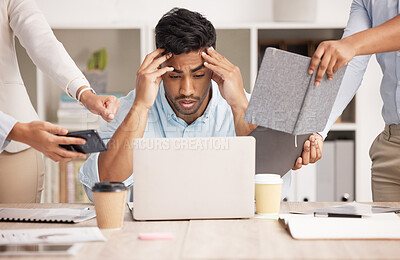 Buy stock photo Headache, busy and businessman with stress from work, employees and burnout from planning in an office. Tired manager, ceo or boss with anxiety while working with a team on a laptop at a company