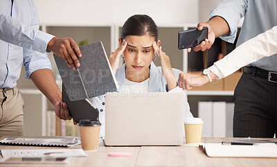 Buy stock photo Stress, anxiety and multitasking business woman with headache from workload and laptop deadline in office. Burnout, frustration and overwhelmed lady exhausted, procrastination in toxic workplace