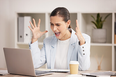 Buy stock photo Stress, glitch and angry woman on laptop working in office, 404 and bad internet delay. Anger, frustrated and annoyed employee suffering from anxiety and pressure while trying to meet online deadline