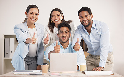 Buy stock photo Thumbs up, success and business people portrait in office for teamwork celebration, collaboration and motivation. Happy, diversity and winner employees, support and goal, trust feedback and hand vote