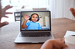 Laptop, video call and child wave at family, teacher and to connect online with headphones. Digital device, kid on screen and communicate with friends, relatives or parents have fun, talking and chat