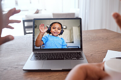 Buy stock photo Laptop, video call and child wave at family, teacher and to connect online with headphones. Digital device, kid on screen and communicate with friends, relatives or parents have fun, talking and chat