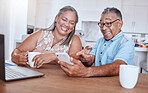 Phone, video call and happy elderly couple talking and laughing while drinking coffee and bonding at a table. Happy family, love and retired man and woman enjoy online communication and subscription