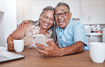 Senior couple smile, smartphone and in kitchen on social media, happy and being romantic laugh together. Love, elderly man and retired woman watch funny video, enjoy  romance or retirement in morning