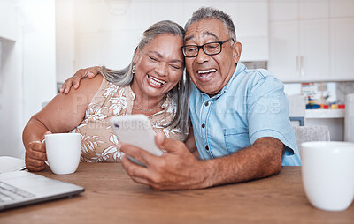 Buy stock photo Selfie, senior couple smile and in kitchen with smartphone on social media, happy and romantic laugh together. Love, elderly man and woman watch online funny video, enjoy retirement and at morning.