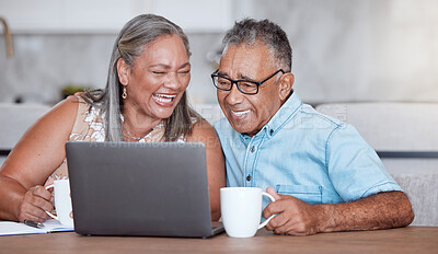 Buy stock photo Movie, internet and senior couple streaming a video on social media with coffee in house. Happy elderly man and woman with laptop for subscription service and tea to relax while watching comic show
