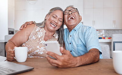Buy stock photo Funny, smartphone and senior couple with comedy subscription, social media meme or mobile video call together at home. Love of elderly people with multimedia technology for retirement web networking