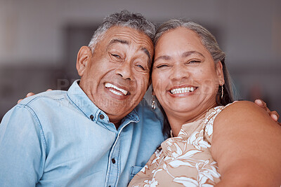 Buy stock photo Happy senior couple, portrait smile and relationship bonding together in joyful happiness at home. Man and woman smiling for retirement in love and care for romantic time and relax at the house