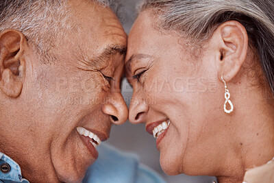 Buy stock photo Love, senior couple and happy together, care, relationship support and relaxed retirement bonding. Elderly funny man and woman happy face, sweet relax smile and laughing in home
