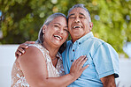 Love, senior couple and hug happy to celebrate marriage, anniversary and retirement together outdoor being romantic, content and smile. Romance, elderly man and woman on holiday, vacation and relax.