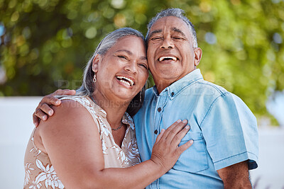 Buy stock photo Love, senior couple and hug happy to celebrate marriage, anniversary and retirement together outdoor being romantic, content and smile. Romance, elderly man and woman on holiday, vacation and relax.